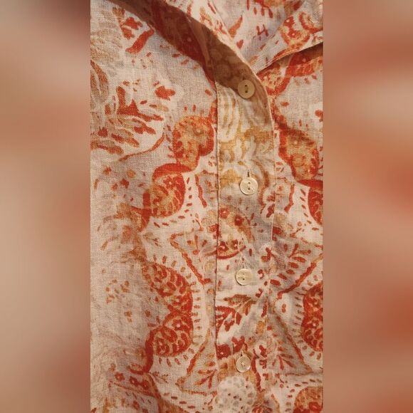 Chico's 1/M Orange White Paisley Print 100% LINEN 3/4 Slv 1/2 Button Women's Top - Picture 8 of 12